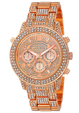 Akribos XXIV Ladies Watch - Rose Dial, Rose Gold-tone Pave Crystal Bracelet - Model: AK776RG
