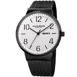 Akribos XXIV P50181 Women Casual Mens Quartz Silver Dial Black Alloy Case Stainless Steel Mesh Bracelet 42mm