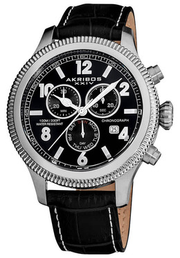 Akribos XXIV Ultimate Chronograph Mens Watch - Stainless Steel Case with Black Leather Strap and Fixed Bezel
