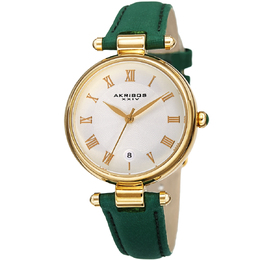 Akribos XXIV Quartz White Dial Green Leather Ladies Watch ak1070gn