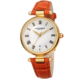 Akribos XXIV Ladies Watch AK1070OR - Quartz Analog White Dial with Yellow Gold-Tone Composite Case and Red Leather Strap