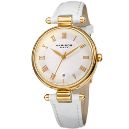 Akribos XXIV Ladies Quartz Watch - White Dial, White Leather Strap AK1070WT