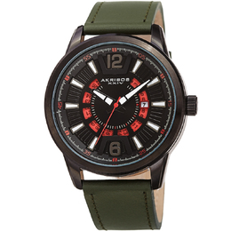 Akribos XXIV Mens Quartz Watch: Black Dial, Green Leather Strap with Date Display - AK1079BKGN