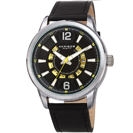 Akribos XXIV Mens Quartz Watch - Black Dial, Stainless Steel Case & Leather Strap AK1079SSBK