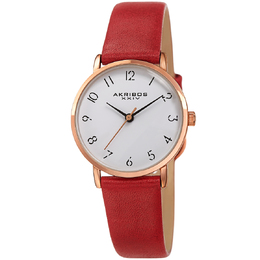 Akribos XXIV Ladies Quartz Watch - AK1087RD (White Dial, Red Leather Strap)