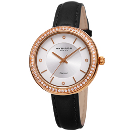 Akribos XXIV Ladies Watch - Art. AK1067BK: Quartz Movement, Black Leather Strap with Rose Gold Tone Composite Case and Silver Dial