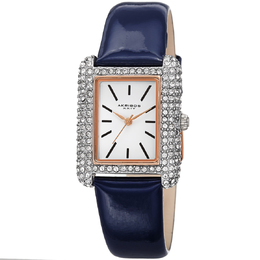 Akribos XXIV Quartz Crystal White Dial Ladies Watch, Rectangle Case 27mm x 8mm, Blue Leather Strap