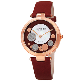 Akribos XXIV Ladies Quartz Watch Diamond Red Dial Rose Gold Composite Case and Leather Strap