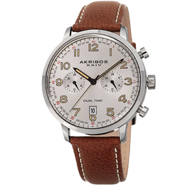 Akribos XXIV Silver Dial Dual Time Mens Watch - AK1023SSBR