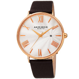 Akribos XXIV Waves White Dial Mens Watch with Yellow Gold-tone Alloy Case and Brown Leather Strap