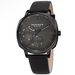 Akribos XXIV Mens Quartz Watch with Grey Dial, Black Leather Strap - Model AK1022BK