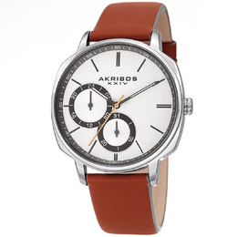 Akribos XXIV Quartz Silver Dial Brown Leather Mens Watch ak1022tn