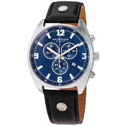 Akribos XXIV Mens Chronograph Watch, Blue Dial, Black Leather Strap - Article: AK969BKBU