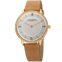 Akribos XXIV P50157 Women's Casual Watch Yellow Gold Tone Case on Light Brown Strap Silver Dial Roman Numeral Mineral Crystal Pull Crown