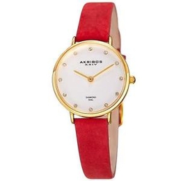 Akribos XXIV Ladies Watch AK882BUR - Yellow Gold-tone Alloy Case with Red Leather Strap and Silver Dial