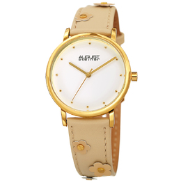 August Steiner AS8260TN Ladies Quartz Watch: White Dial with Floral Beige Leather Strap and Gold-tone Composite Metal Case