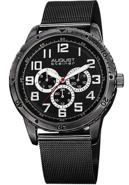August Steiner AS8115BK Mens Black Dial Ion Plated Stainless Steel Mesh Watch with Subdials