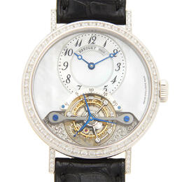 Breguet Tourbillon Mother of Pearl Dial 18kt White Gold Diamond Black Leather Ladies Watch 3358BB52986DD00 3358bb/52/986.dd00