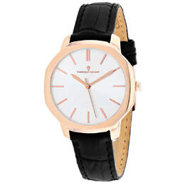 Christian Van Sant Ladies Octave Slim Quartz Watch - Rose Gold Stainless Steel Case and Black Leather Strap with Silver Dial CV0503