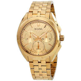Bulova Curv Chronograph Champagne Dial Mens Watch 97A125 Gold-tone stainless steel case with fixed bezel, scratch resistant sapphire crystal, analog display featuring champagne dial, luminescent hands and index hour markers, minute and 1/10th second sub-dials, quartz movement