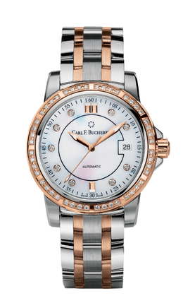 Carl F. Bucherer Patravi Automatic Mens Silver-tone Stainless Steel Case with Two-tone Bracelet, Mother-of-Pearl Dial, Rose Gold-tone Hands & Diamond Markers