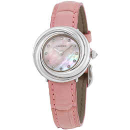 Cartier Trinity Pink Mother of Pearl Diamond Dial 18Kt White Gold Patent Leather Ladies Watch wg200846