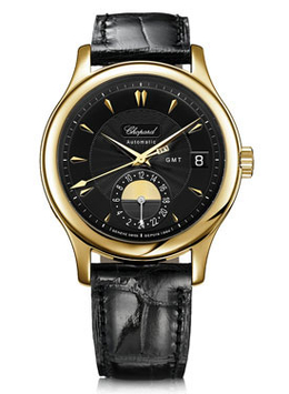Chopard L.U.C Classic GMT Black Dial Black Leather Mens Watch 161867-0001
