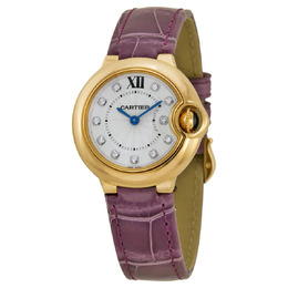 Cartier Ballon Bleu Silver Diamond Dial 18kt Rose Gold Purple Leather Ladies Watch we902050