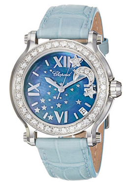 Chopard Happy Sport Blue MOP Dial Blue Leather Floating Diamond Moon Ladies Watch 278475-2001