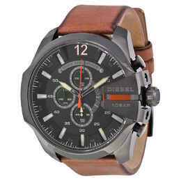Diesel Mega Chief Black Dial Brown Leather Mens Quartz Watch dz4343