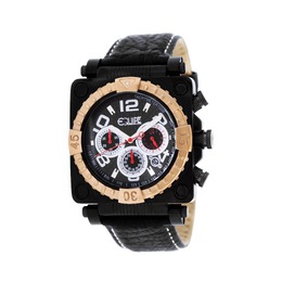 Equipe Gasket Mens Watch E308 - Black Ion-Plated Stainless Steel Case, Black Leather Strap with Unidirectional Rotating Rose Gold Plated Bezel
