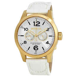Invicta 12174: Yellow Gold-Plated Steel Case, White Leather Strap Men's Watch with Silver Dial Date & Day Display