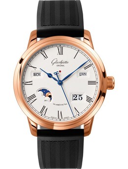 Glashuette Original Senator Mens Watch 100-02-22-05-04 Perpetual Automatic Movement Rose Gold Case Black Rubber Strap Fixed Bezel Silver Dial Blue Roman Numerals Hands Date Display Sapphire Crystal German Made