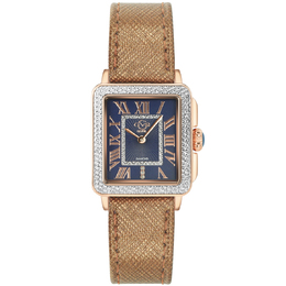 Gevril Padova Quartz Diamond Ladies Watch 12300 - Rose Gold-tone Steel Case, Brown Leather Strap, Blue Dial with Gold Sword Hands and Roman Numerals