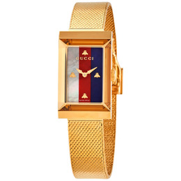Gucci G-Frame Quartz White Red Blue Web Mother of Pearl Dial Ladies Watch ya147410