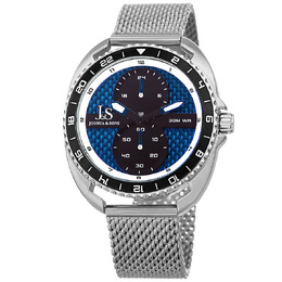 Joshua & Sons Military Time Mens Watch JX136SSBU Silver-tone alloy case with stainless steel mesh bracelet. Unidirectional rotating bezel with black ring and 24 hour markings.