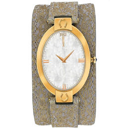 Jivago Good Luck White Mother of Pearl Dial Ladies Watch - Gold-tone Stainless Steel Case with Brown Leather Strap and Fixed Bezel (JV1836)