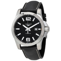 Longines Conquest Black Dial Black Leather Mens 43mm Watch l37604563