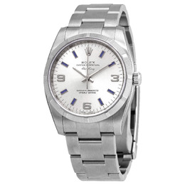 Rolex Airking Silver Arabic Blue Index Engine Turned Bezel Mens Watch 114210sablso