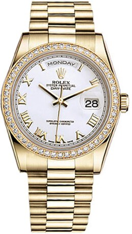 Rolex Day-Date 36 Automatic White Dial Ladies 18kt Yellow Gold President Watch 118348wrp