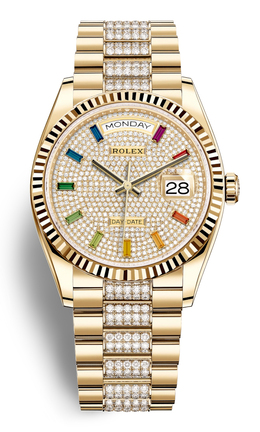Rolex Day-Date 36 Rainbow Baguette Dial 18kt Yellow Gold Diamond-Set President Watch 128238dsdp