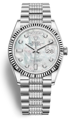 Rolex Day-Date 36 Mother of Pearl Dial 18kt White Gold Diamond Set President Watch 128239mddp
