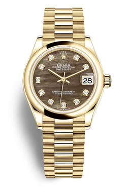 Rolex Datejust 31 Black Mother of Pearl Diamond Ladies 18kt Yellow Gold President Watch 278248bkmdp