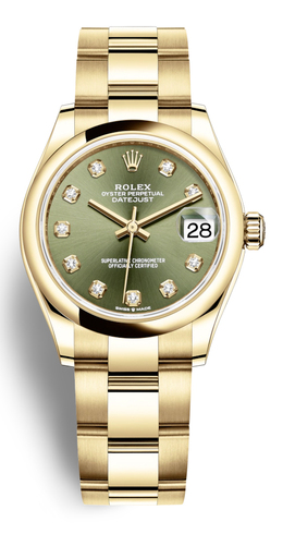 Rolex Datejust 31 Olive Green Diamond Dial Automatic Ladies 18kt Yellow Gold Oyster Watch 278248gndo