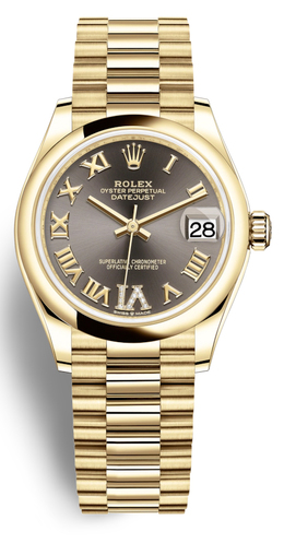 Rolex Datejust 31 Dark Grey Dial Automatic Ladies 18kt Yellow Gold President Watch 278248gyrdp