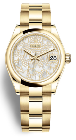 Rolex Datejust 31 Mother of Pearl Diamond Pave Dial Ladies 18kt Yellow Gold Oyster Watch 278248paveo