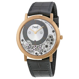 Piaget Altiplano Silver and Black Skeleton Dial 18kt Rose Gold Gray Leather Mens Watch GOA39110 g0a39110