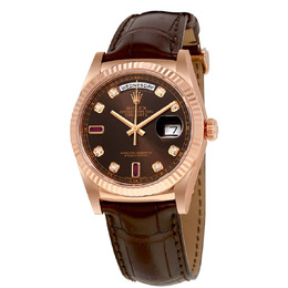 Rolex Day-Date Chocolate Brown Diamond and Ruby Dial Leather Automatic Mens Watch 118135cdl