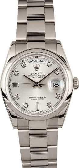 Rolex Day-Date Silver With Diamonds Dial 18K White Gold Oyster Bracelet Automatic Mens Watch 118209sdo