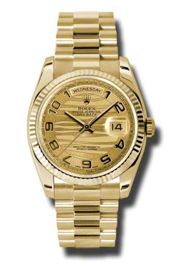 Rolex Day-Date Champagne Wave Dial 18K Yellow Gold President Automatic Mens Watch 118238cwvap